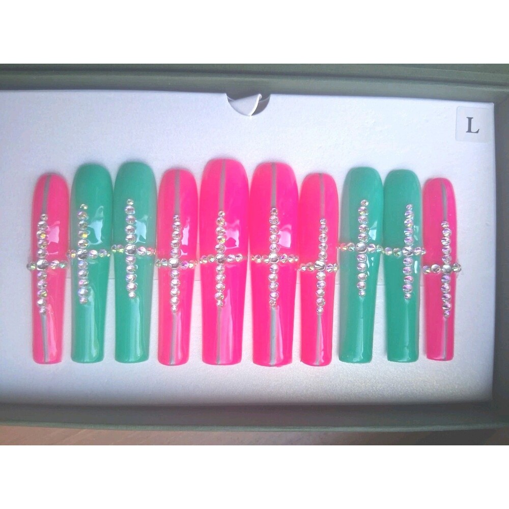 Moccio Nails Press-On Nails Long Coffin Pink White Silver Gold Rhinestone Style